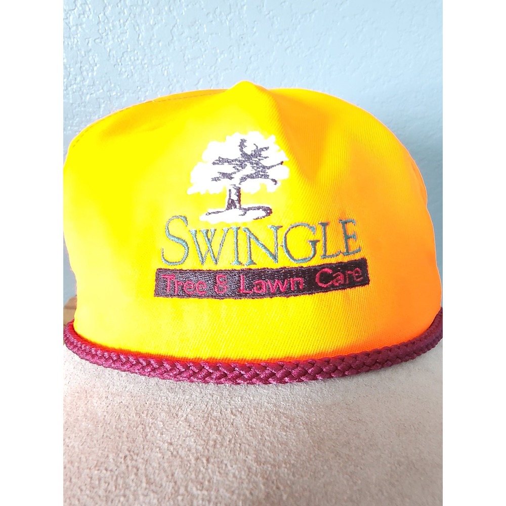 Vintage Swingle Tree Lawn Care Hat Blaze Orange USA Made Leather Strap Rope Cap‎
